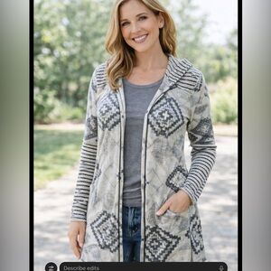 Maurices Geometric Patterned Hooded Cardigan crochet cuffs Aztec medium hoodie
